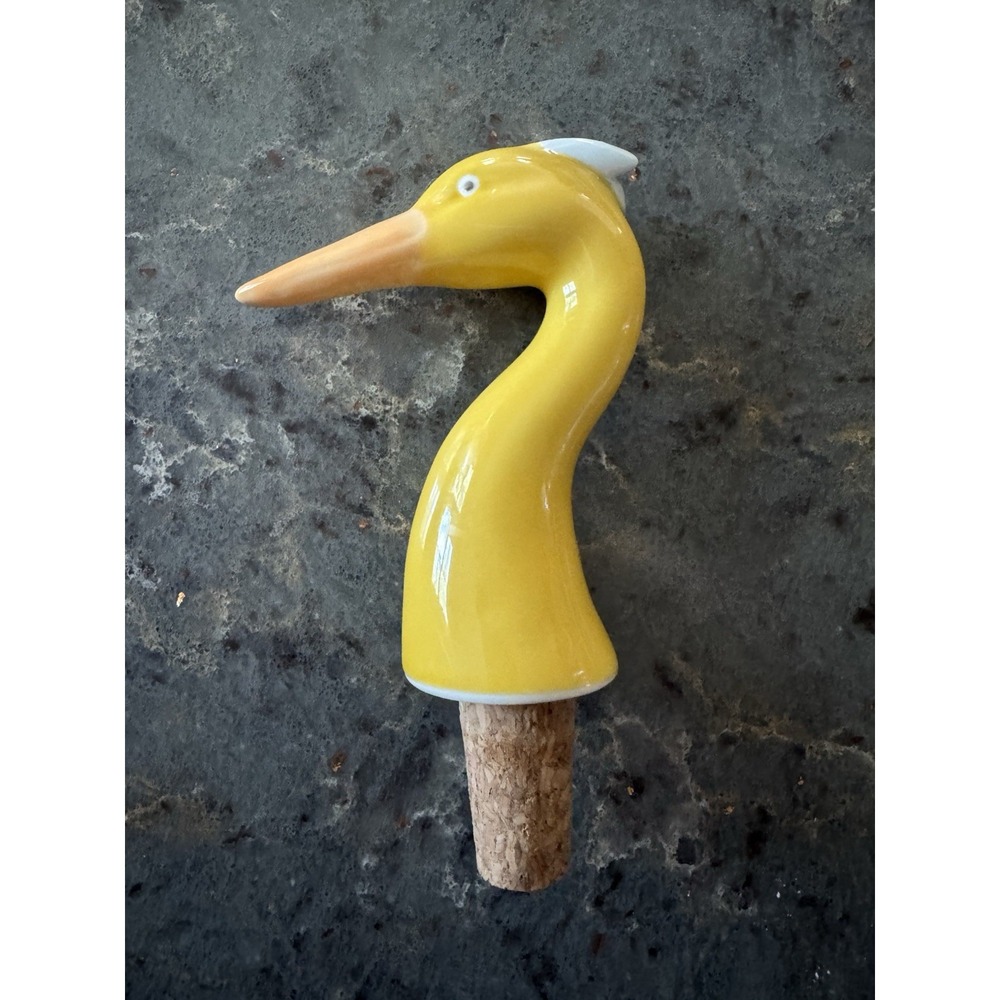 Yellow Ceramic Heron Crane Bird Wine Bottle Stopper Cork Long Beak Whimsical